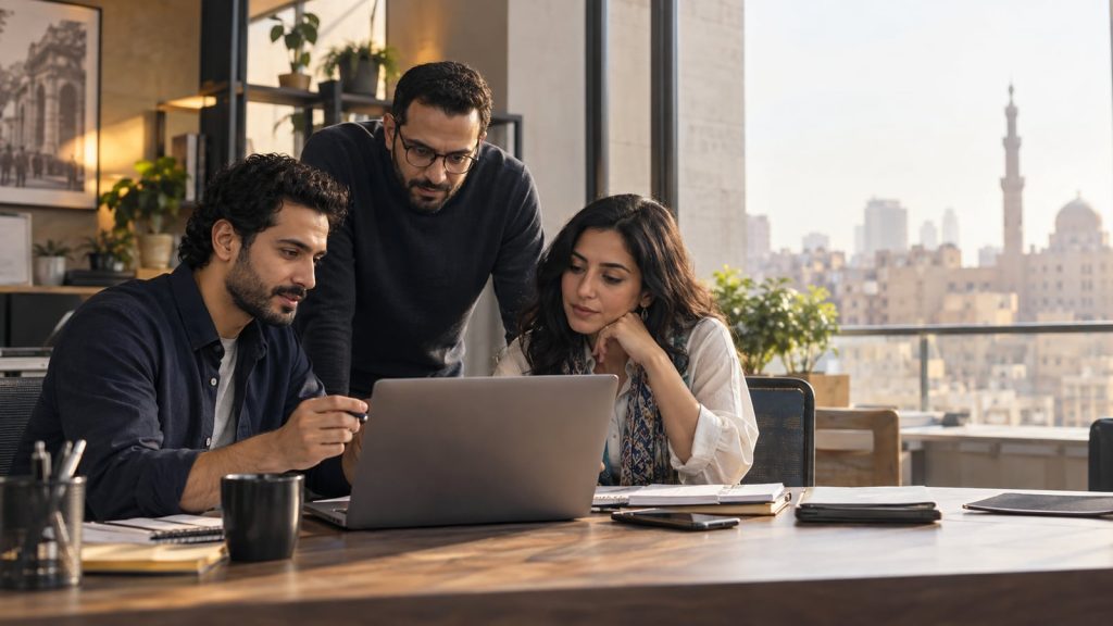 Egyptian business owner reviewing a project with freelance professionals in Cairo